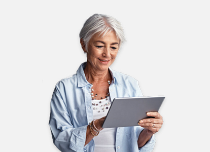 A woman accesses Patient Connect on her tablet for further support.