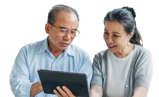 Two iMCD patients look at a tablet together and discuss iMCD and Sylvant.