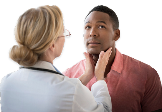 Doctor feels the neck of a patient exhibiting iMCD symptoms.